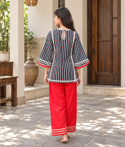 Heart & Stripe Printed Kurti with Red Farshi Salwar