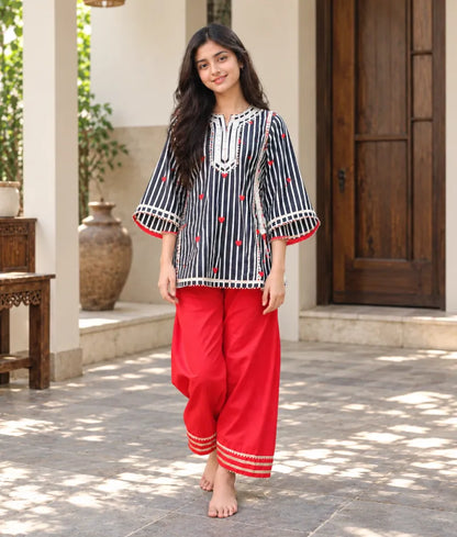 Heart & Stripe Printed Kurti with Red Farshi Salwar
