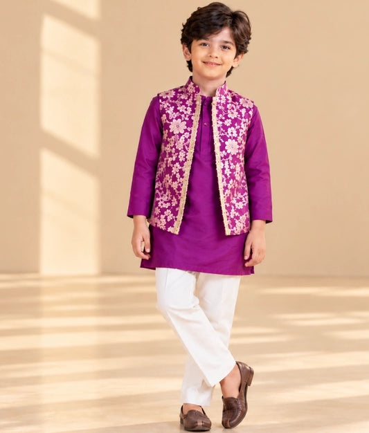 Purple Brocade Jacket with Kurta and Pant - Purple Brocade Jacket with Kurta and Pant
