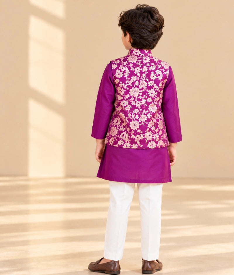 Purple Brocade Jacket with Kurta and Pant
