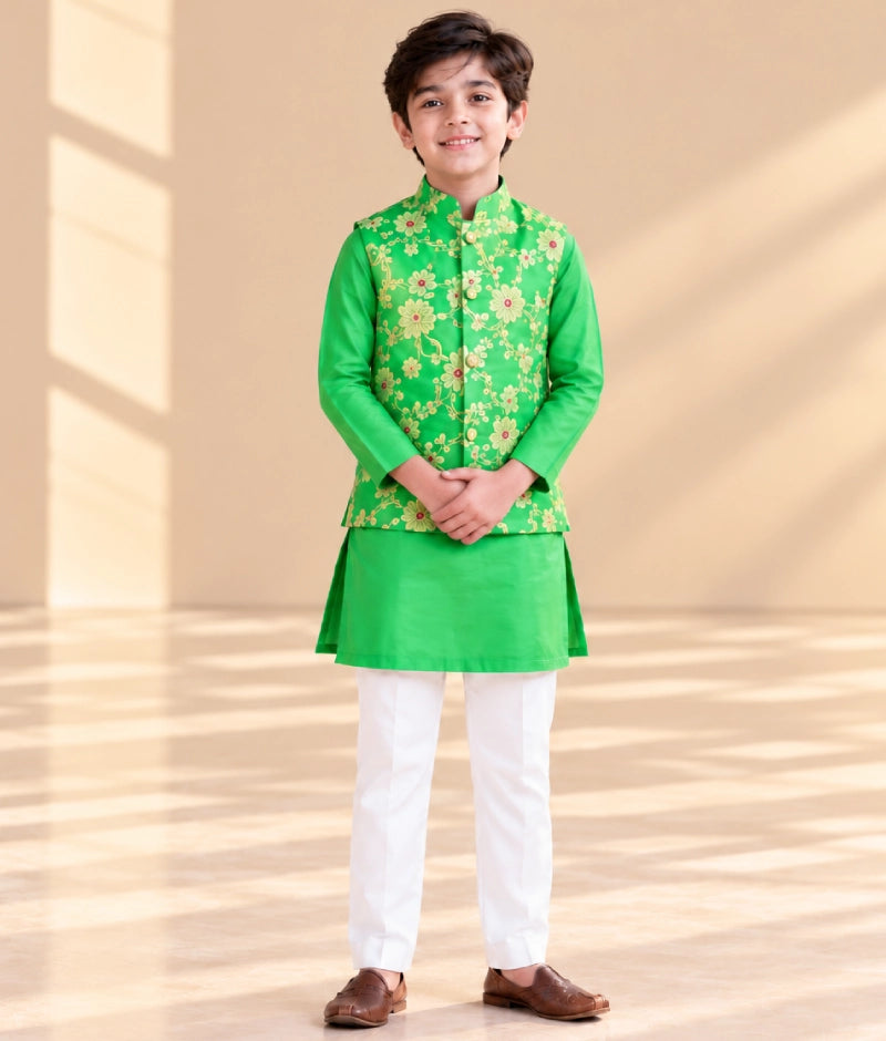Green Brocade Jacket with Kurta and Pant