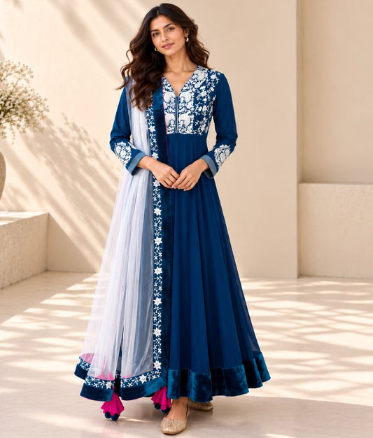 Teal Blue Embroidered Anarkali - Teal Blue Embroidered Anarkali