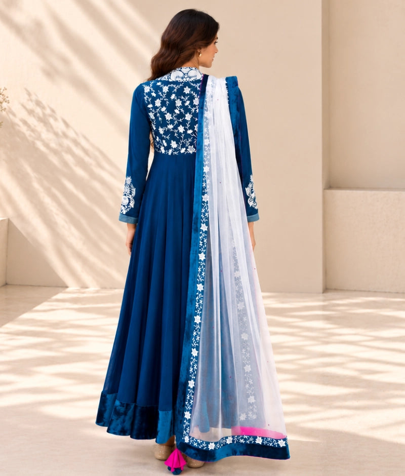 Teal Blue Embroidered Anarkali