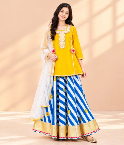 Mustard Kurti with Printed Lehenga Set - Mustard Kurti with Printed Lehenga Set