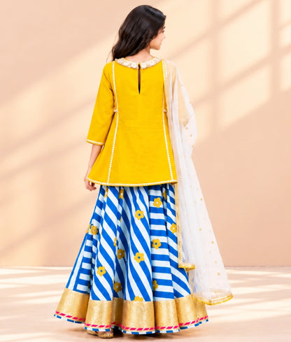 Mustard Kurti with Printed Lehenga Set - Mustard Kurti with Printed Lehenga Set