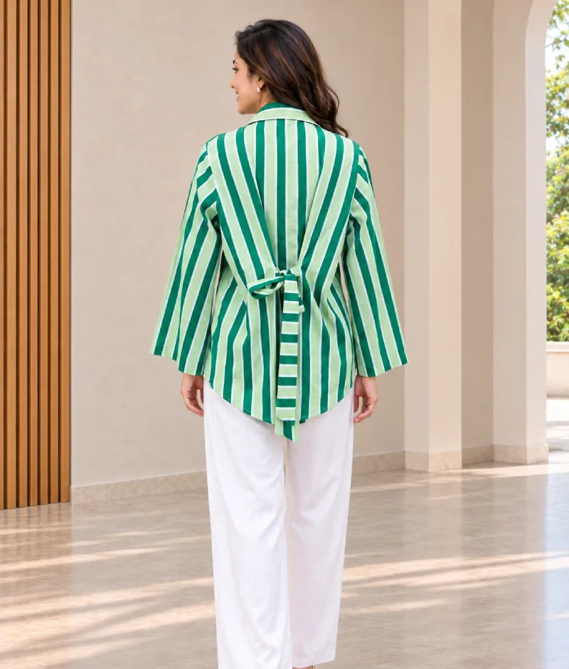 Green Stripe Printed Tie Knote Shirt