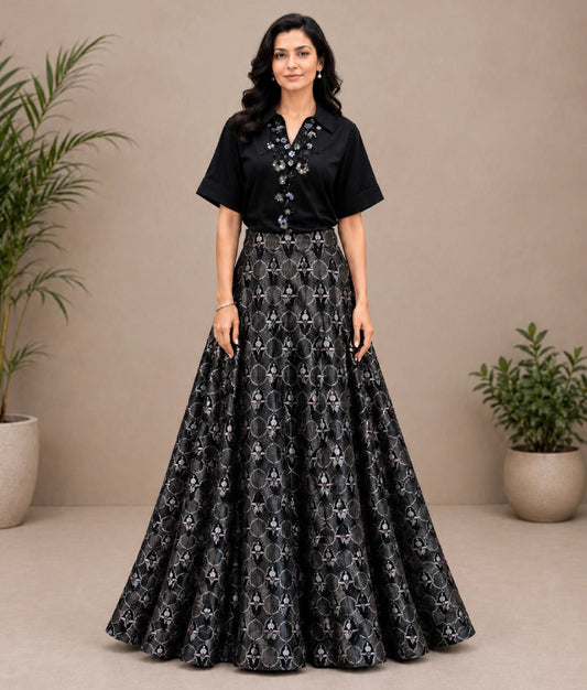 Black Shirt with Brocade Lehenga - Black Shirt with Brocade Lehenga