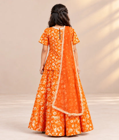 Orange Brocade Lehenga Kurti Set - Orange Brocade Lehenga Kurti Set