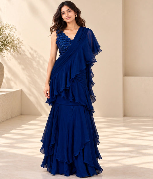 Embroidered Blouse with Stitched Saree - Embroidered Blouse with Stitched Saree