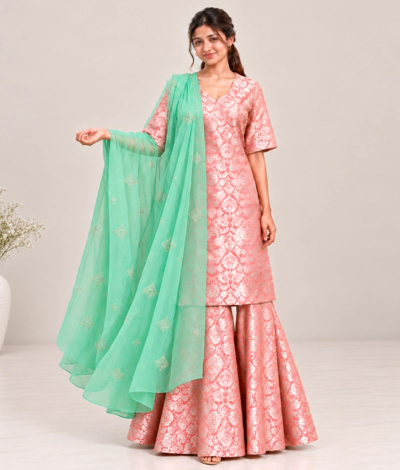 Peach Brocade Kurti Sharara Set