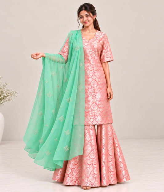 Peach Brocade Kurti Sharara Set - Peach Brocade Kurti Sharara Set