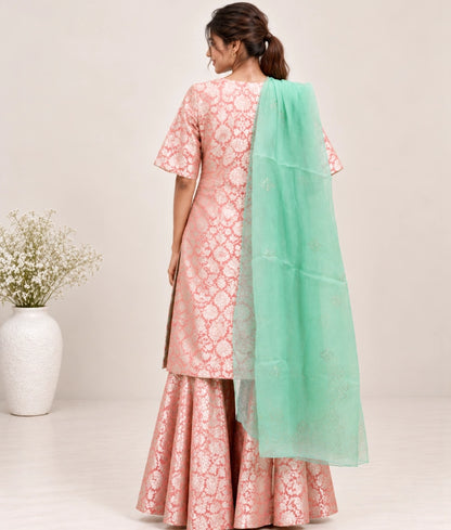 Peach Brocade Kurti Sharara Set - Peach Brocade Kurti Sharara Set