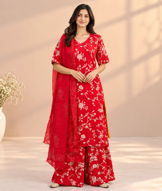 Red Brocade Kurti Sharara Set - Red Brocade Kurti Sharara Set