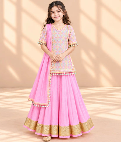 Embroidered Kurti with Pink Cotton Crinkle Sharara Set - Embroidered Kurti with Pink Cotton Crinkle Sharara Set