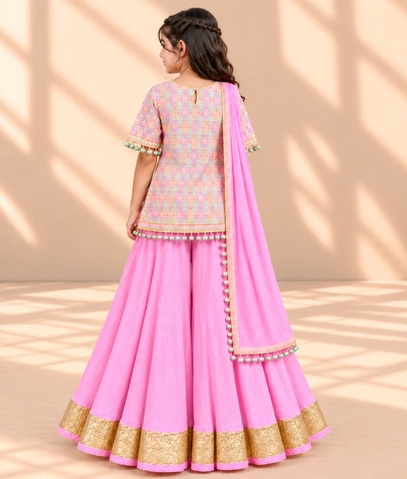 Embroidered Kurti with Pink Cotton Crinkle Sharara Set