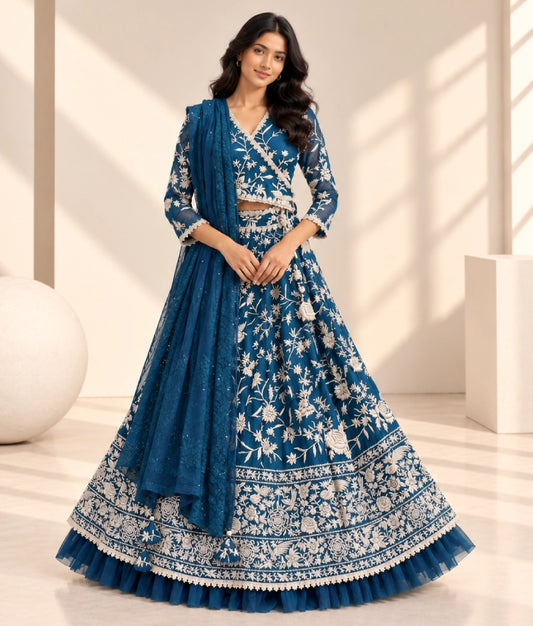Teal Blue Parsi work Lehenga Choli - Teal Blue Parsi work Lehenga Choli