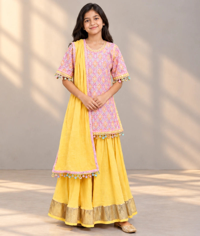 Embroidered Kurti with Yellow Cotton Crinkle Sharara Set