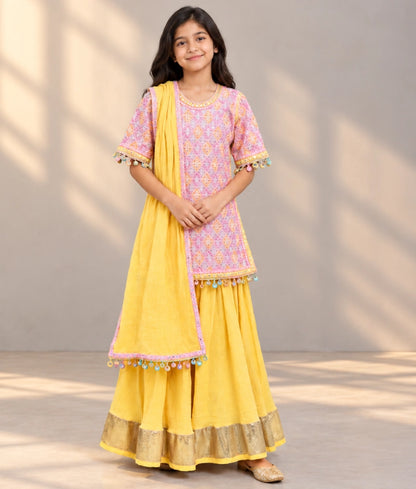 Embroidered Kurti with Yellow Cotton Crinkle Sharara Set - Embroidered Kurti with Yellow Cotton Crinkle Sharara Set