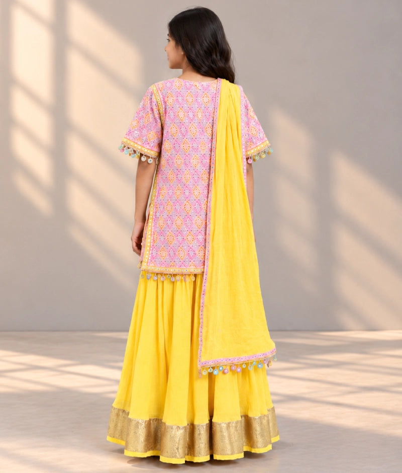Embroidered Kurti with Yellow Cotton Crinkle Sharara Set
