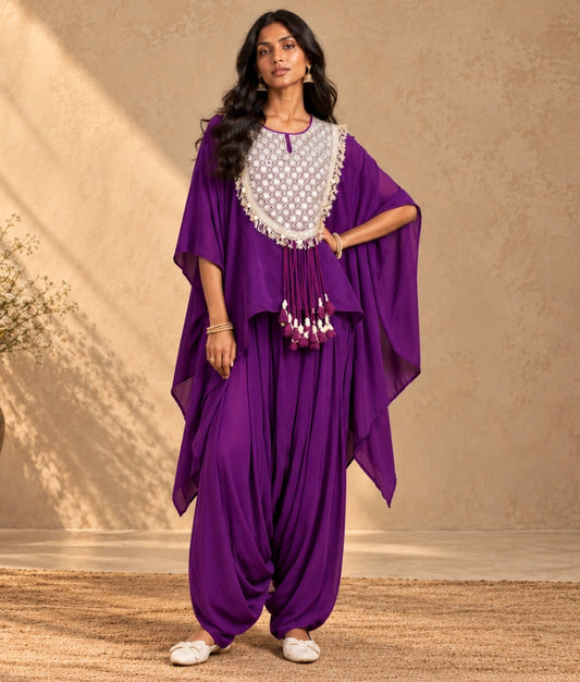 Purple Crepe Embroidered Kurti & Dhoti - Purple Crepe Embroidered Kurti & Dhoti