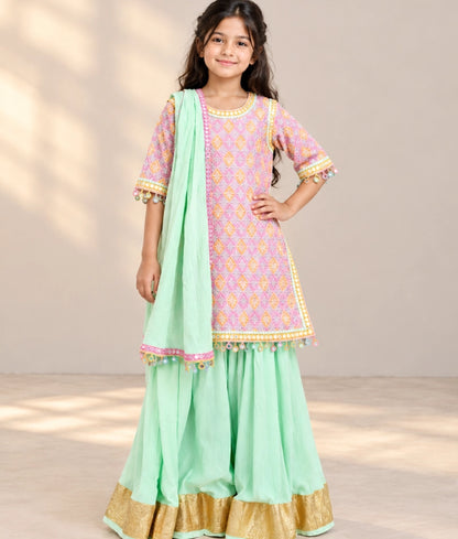 Embroidered Kurti with Green Cotton Crinkle Sharara Set - Embroidered Kurti with Green Cotton Crinkle Sharara Set