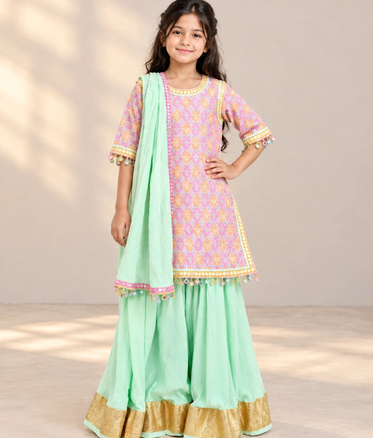 Embroidered Kurti with Green Cotton Crinkle Sharara Set - Embroidered Kurti with Green Cotton Crinkle Sharara Set