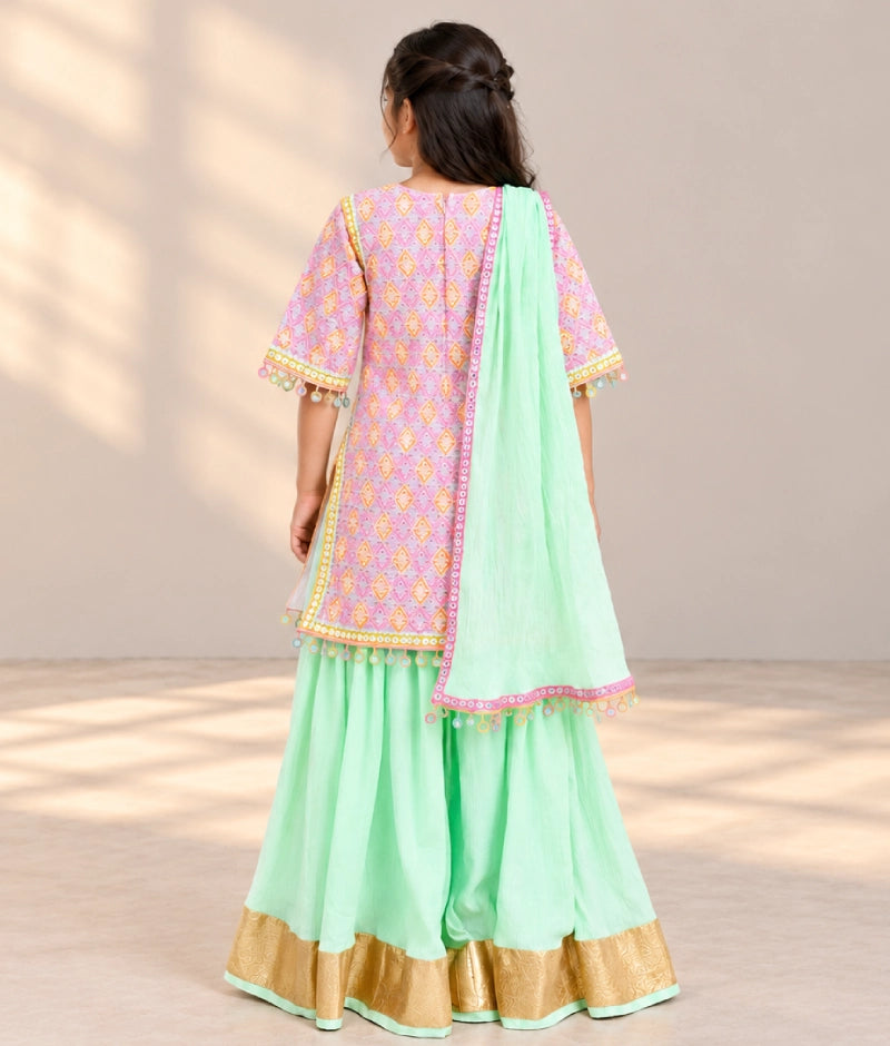 Embroidered Kurti with Green Cotton Crinkle Sharara Set