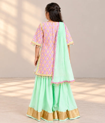 Embroidered Kurti with Green Cotton Crinkle Sharara Set - Embroidered Kurti with Green Cotton Crinkle Sharara Set