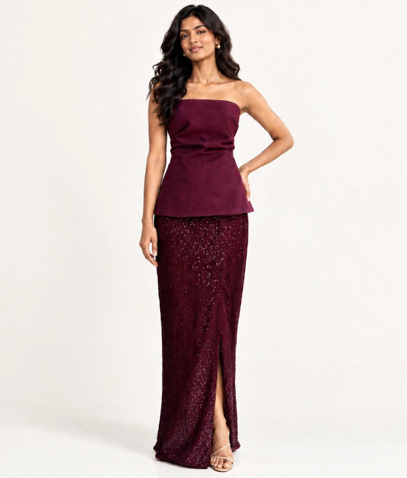Wine Sequence Skirt with Top