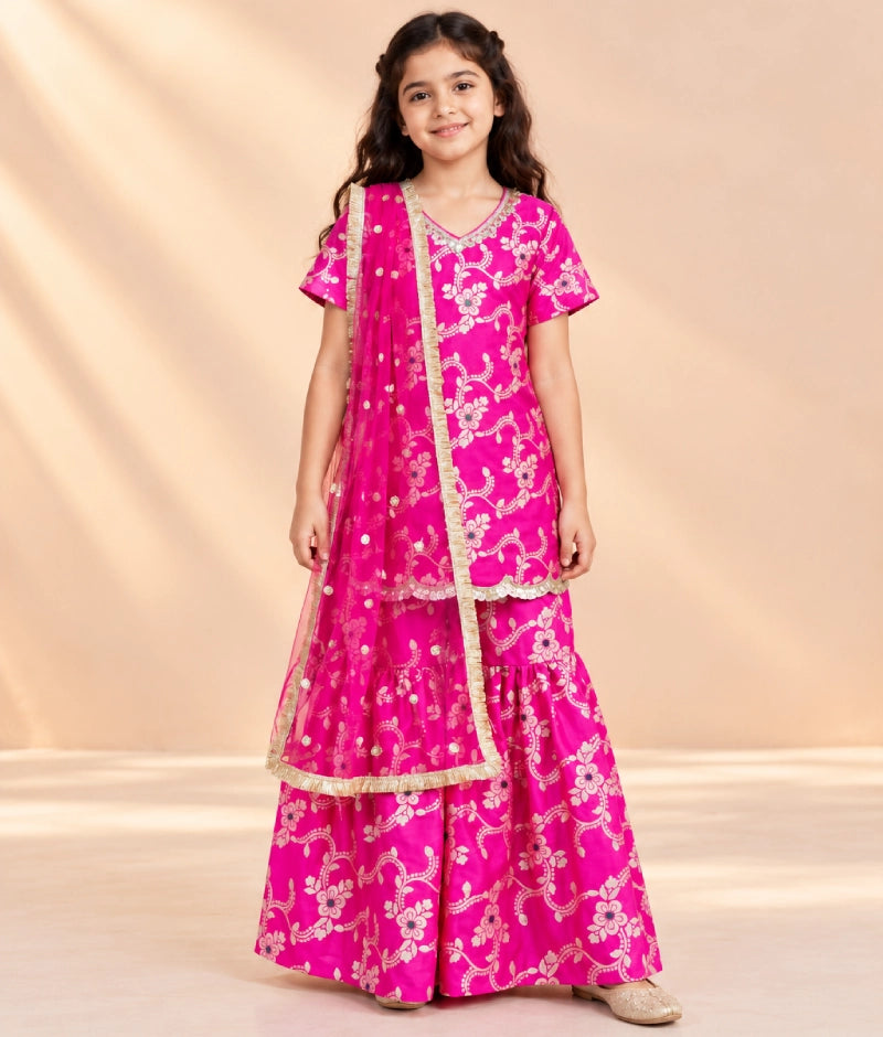 Pink Brocade Kurti Sharara Set