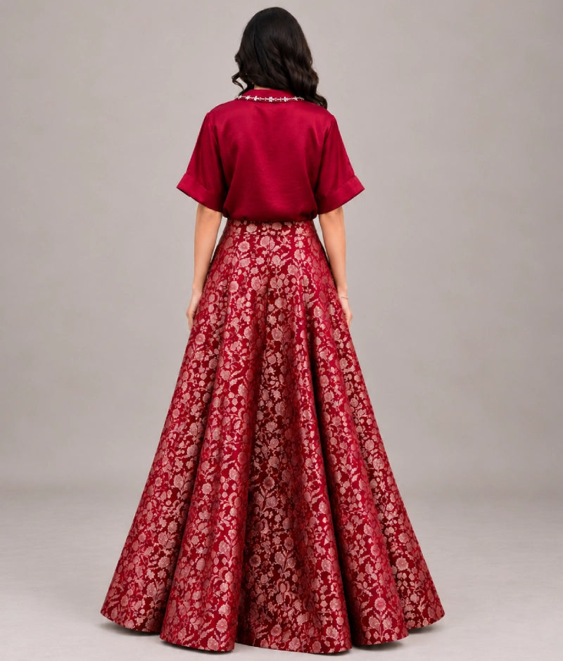 Red Shirt with Brocade Lehenga