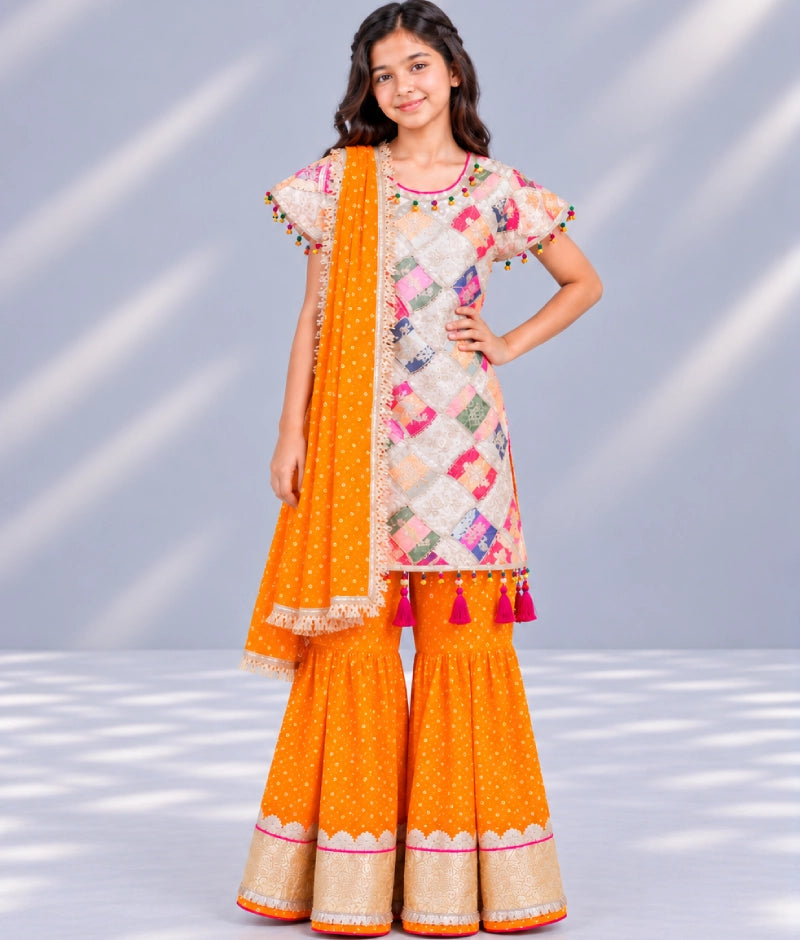 Offwhite Embroidered Kurti with Orange Bandhej Sharara