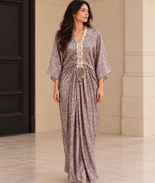 Elegant Taupe Caftan in Modern Entryway - Elegant Taupe Caftan in Modern Entryway