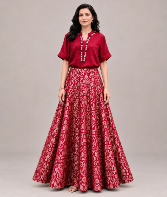 Red Shirt with Brocade Lehenga - Red Shirt with Brocade Lehenga