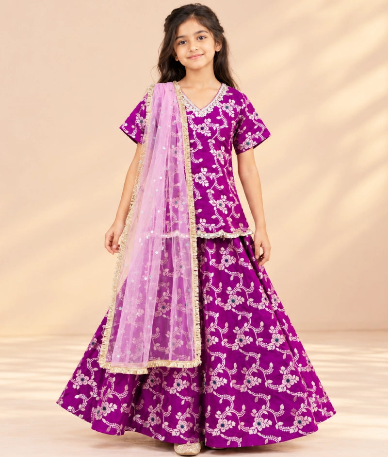 Purple Brocade Lehenga Kurti Set