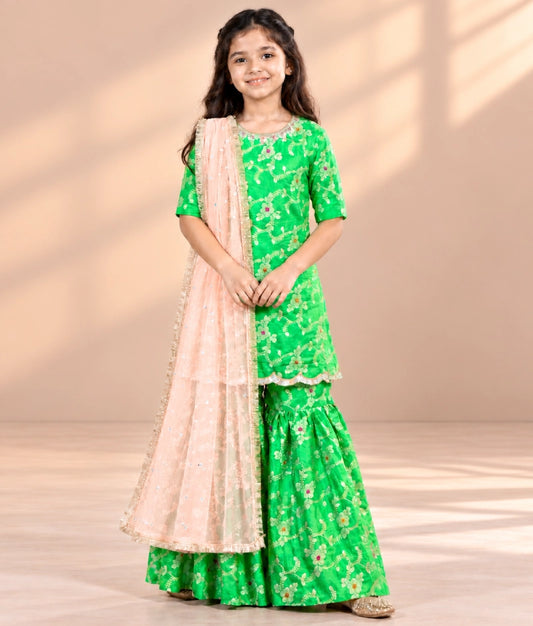 Green Brocade Kurti Sharara Set - Green Brocade Kurti Sharara Set