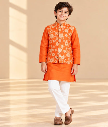 Orange Brocade Jacket with Kurta and Pant - Orange Brocade Jacket with Kurta and Pant