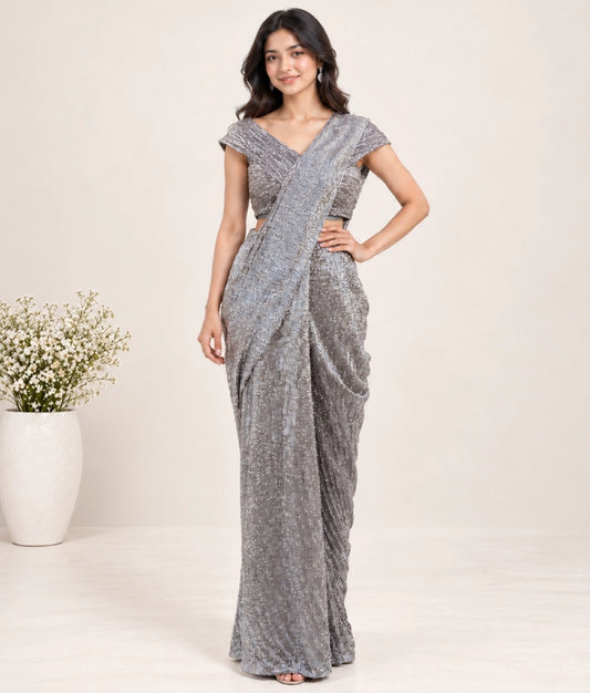 Grey Sequence Embroidered Stitched Saree - Grey Sequence Embroidered Stitched Saree