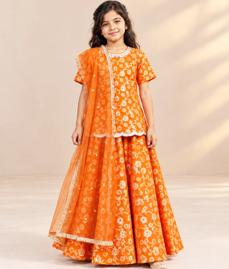 Orange Brocade Lehenga Kurti Set