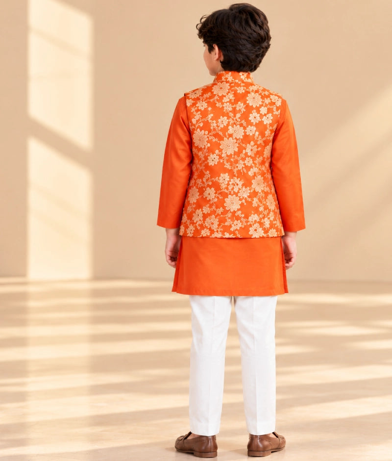 Orange Brocade Jacket with Kurta and Pant