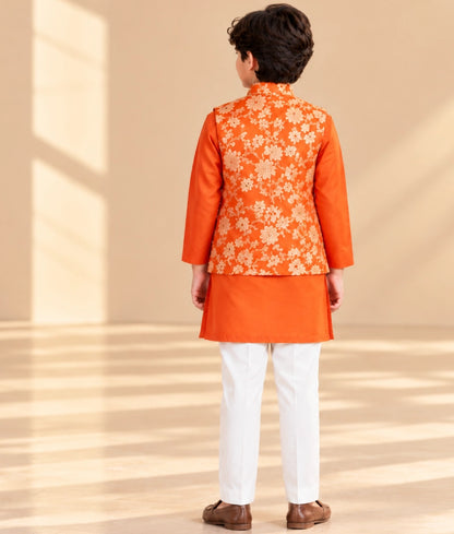 Orange Brocade Jacket with Kurta and Pant - Orange Brocade Jacket with Kurta and Pant