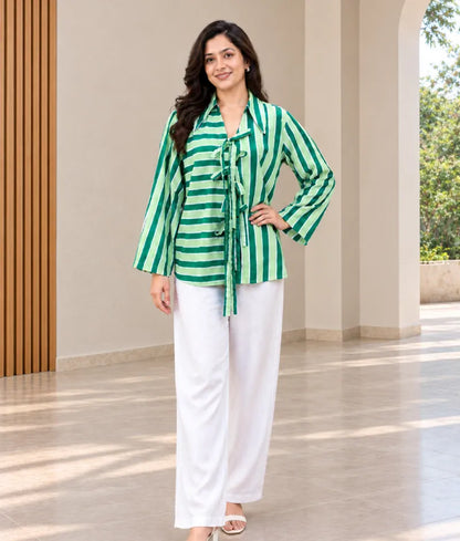 Green Stripe Printed Tie Knote Shirt - Green Stripe Printed Tie Knote Shirt