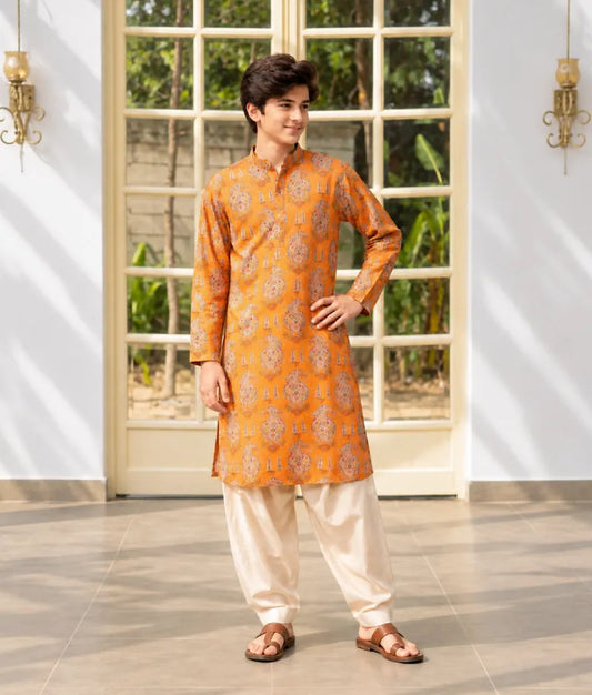 Orange Printed Kurta with Salwar