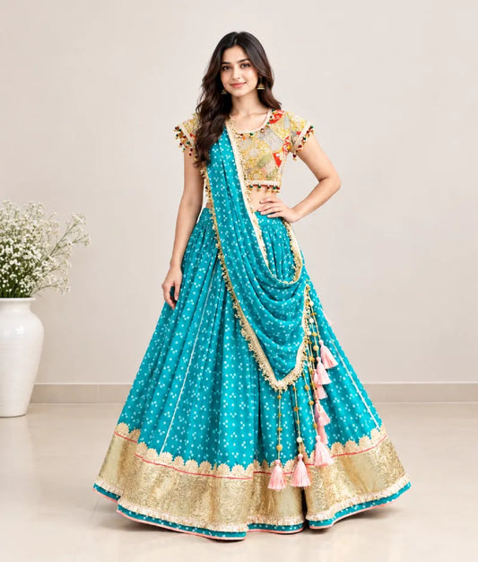 Mustard Embroidered Choli with Aqua Green Bandhej Lehenga