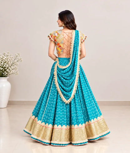 Mustard Embroidered Choli with Aqua Green Bandhej Lehenga