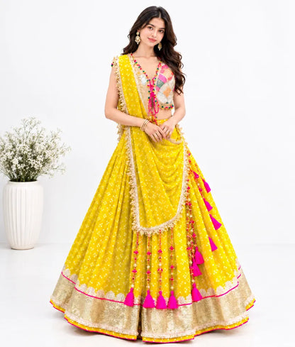 Offwhite Embroidered Choli with Yellow Bandhej Lehenga