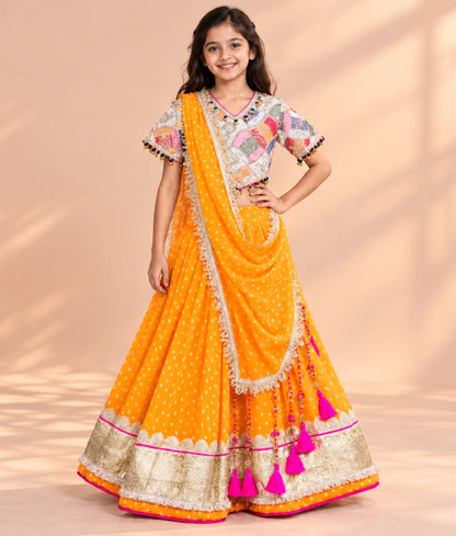 Offwhite Embroidered Choli with Orange Bandhej Lehenga - Offwhite Embroidered Choli with Orange Bandhej Lehenga