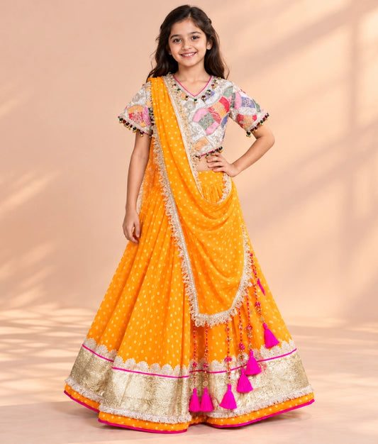 Offwhite Embroidered Choli with Orange Bandhej Lehenga - Offwhite Embroidered Choli with Orange Bandhej Lehenga
