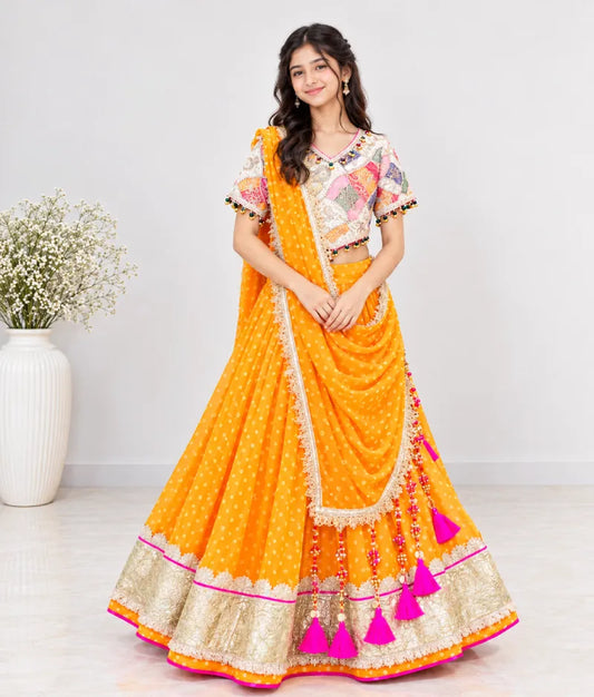 Offwhite Embroidered Choli with Orange Bandhej Lehenga