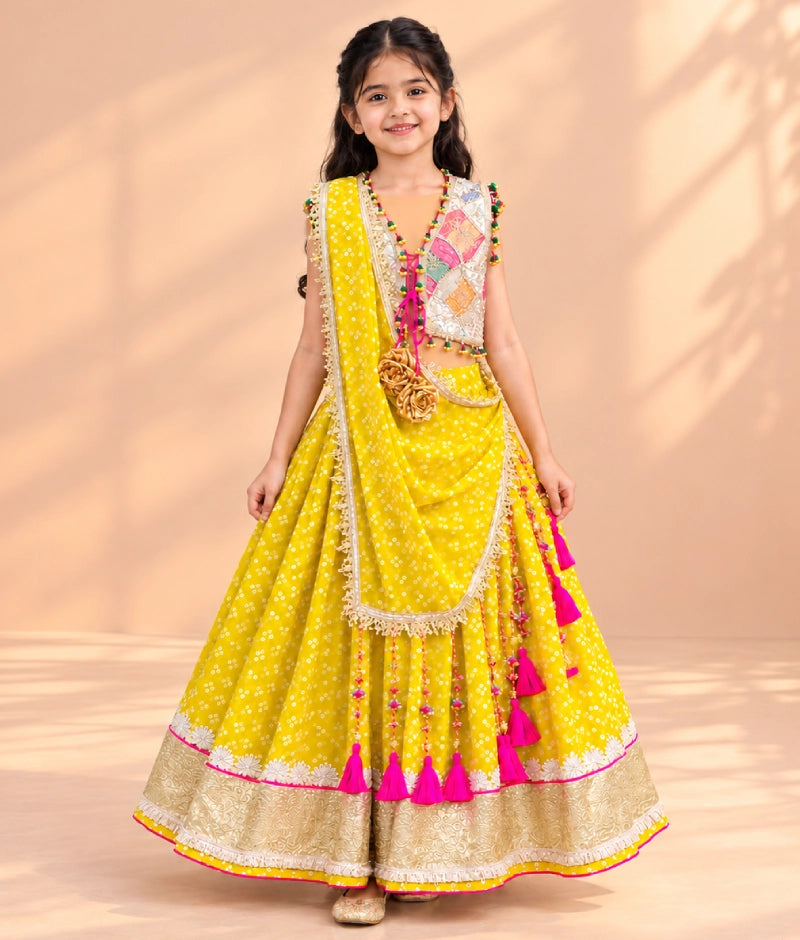 Offwhite Embroidered Choli with Yellow Bandhej Lehenga